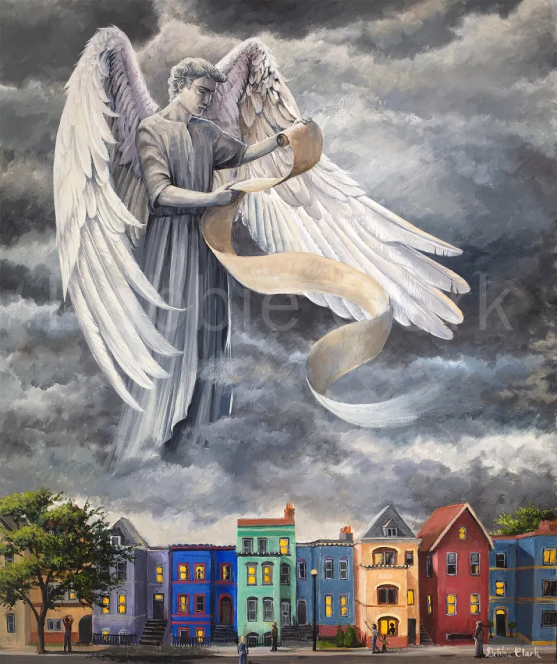 The Proclaimation: An angel with the eternal gospel on a scroll over a street.