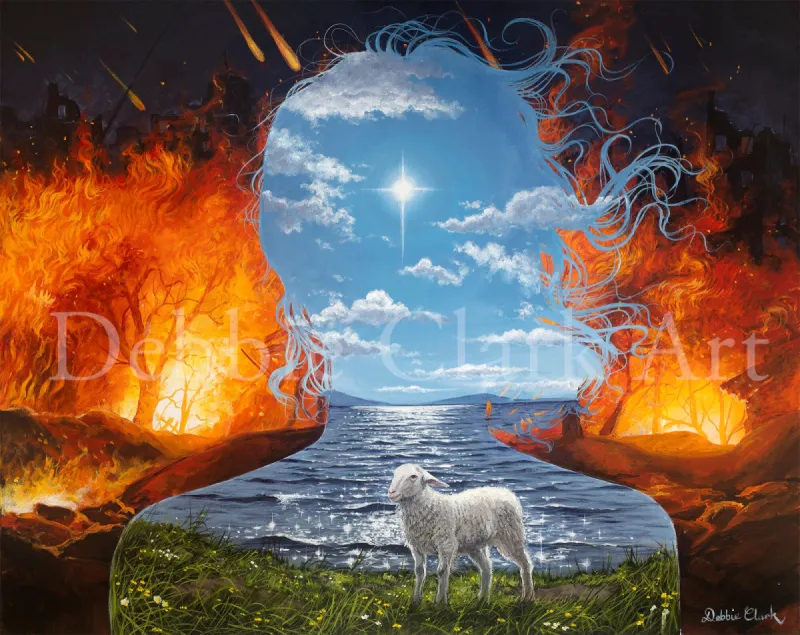 Refuge in The Storm: An apocalyptic scene with fire and a silhouette containing peaceful water and a Lamb to represent The Lamb of God.
