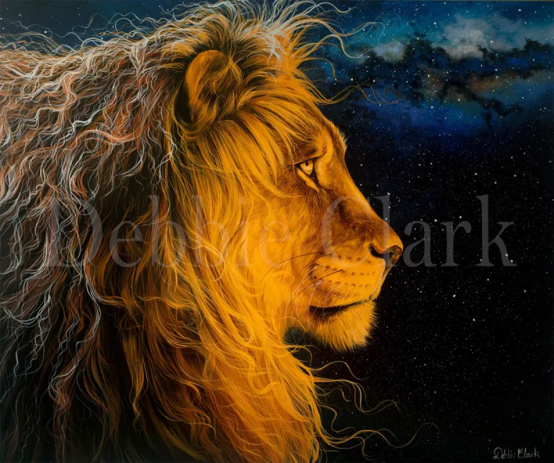 The Alpha and Omega: A highly detailed side portrait of a lion against a night sky showing the milky way.