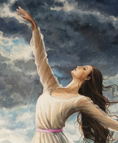 The Overcomer: A woman in white, representing the "bride of Christ" who is the true church of God (Not the institutions). She is dancing in victory as an overcomer.