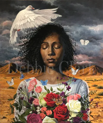 Beholding the Beauty: A portrait of a woman with flowers and a white dove flying overhead.