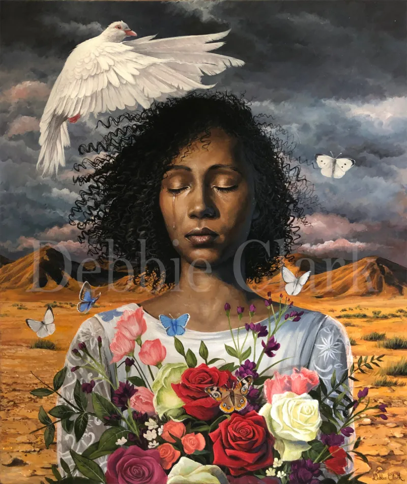 Beholding the Beauty: A portrait of a woman with flowers and a white dove flying overhead.