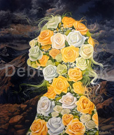 Spiritually Alive: A silhouette of a female figure. The background is a dark desolate land and inside the silhouette are white and yellow roses.