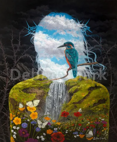 Life in The Lord: A silhouette of Jesus Christ. Outwith the silhouette is darkness and thorns but within is a kingfisher, butterflies, flowers and a waterfall.