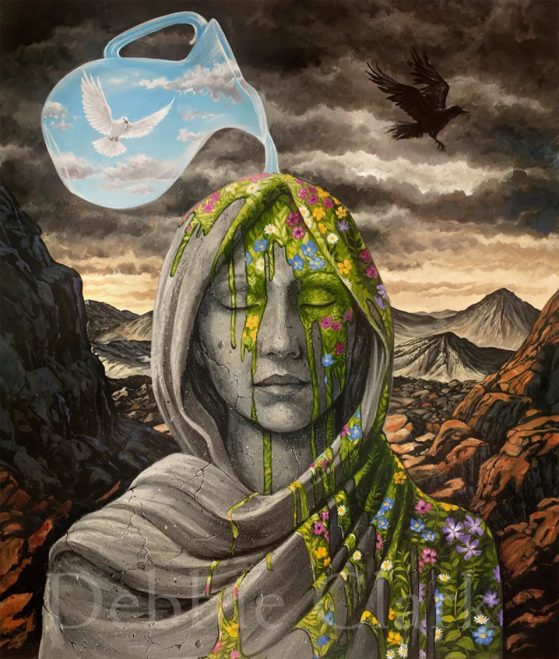 Pour Out The Spirit: A woman made of stone in a desolate land. A jug containing the Spirit is being poured out onto her making her alive with leaves and flowers.