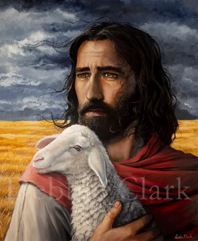 Faithful and True: A portrait of Jesus Christ holding a lamb in his arms.