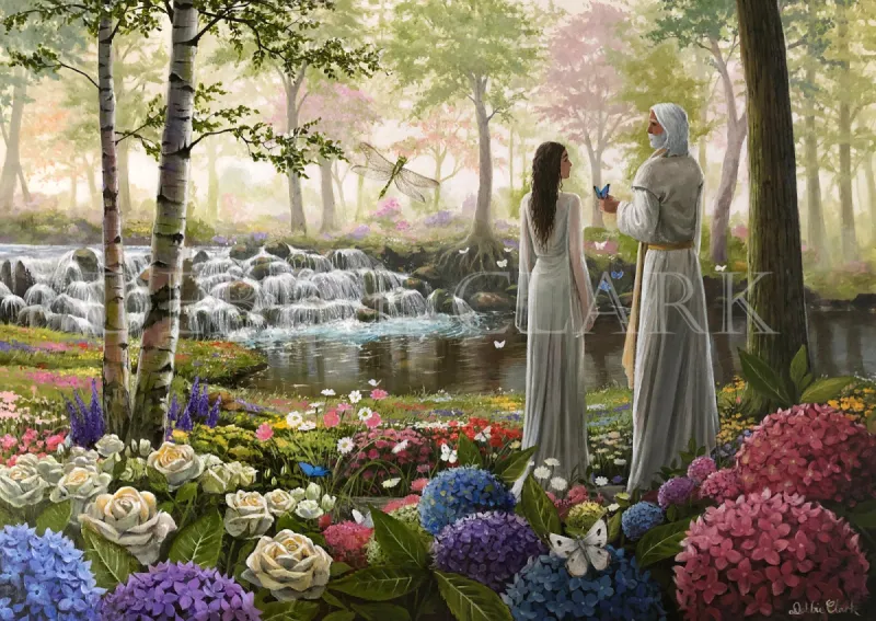 Walking in Eden: A woman walking with God in the garden of Eden.
