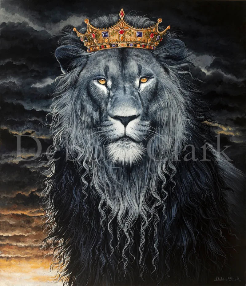 King of the Ages: A painting of a majestic lion (Lion of Judah) wearing golden crown.
