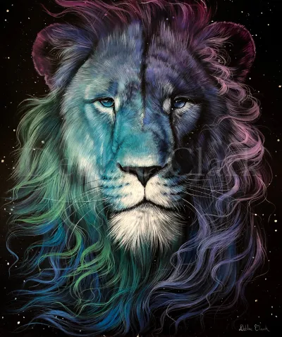 Father of Lights: A painting of a majestic lion (Lion of Judah) in a starry night sky.