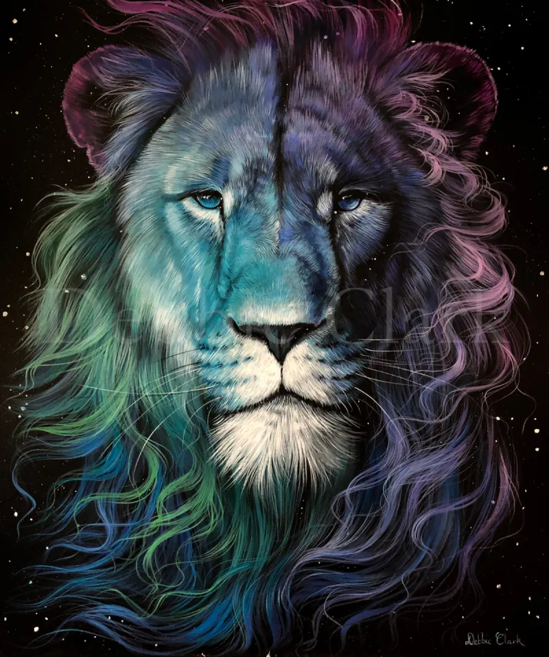 Father of Lights: A painting of a majestic lion (Lion of Judah) in a starry night sky.