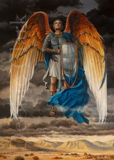 Archangel Michael Rises: An original painting featuring Archangel Michael in the sky.