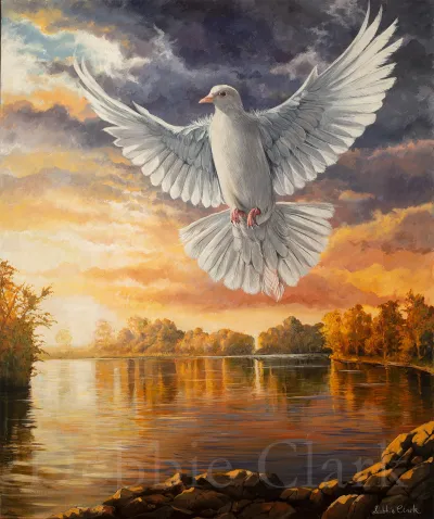 Dove Over Water: A flying white dove in a warm peaceful landscape.