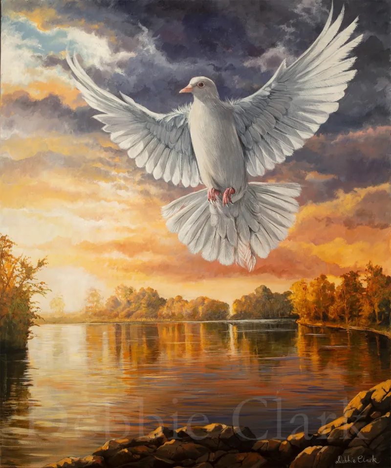 Dove Over Water: A flying white dove in a warm peaceful landscape.