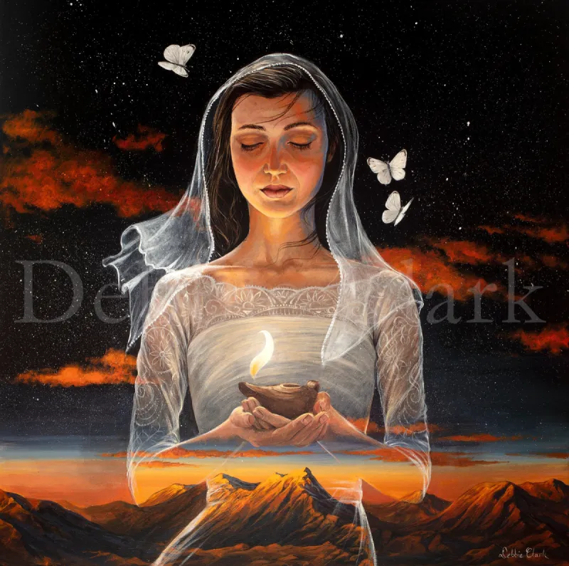 The Pure Heart: A woman holding a biblical oil lamp with the flame burning. She is making sure she remains holy and filled with the Holy Spirit for the day of the Lord's return.