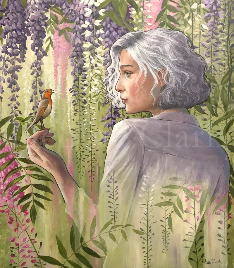 Walking By The Spirit: A woman in the midst of a garden of wisteria with a robin resting on her hand.