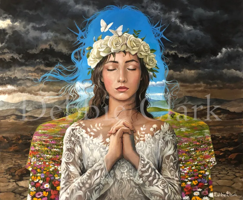 The Refuge: A bride (bride of Christ) praying within a silhouette of Jesus Christ. In the silhouette is a pretty landscape full of meadow flowers. Outside the silhouette is a dark and desolate landscape.
