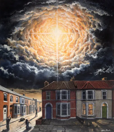 Reverence: An original painting featuring a large christian cross in the sky beaming though clouds symbolising the return of Christ. The are houses in a street where people are falling down to worship.