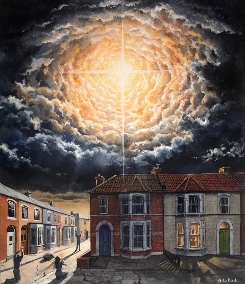 Reverence: An original painting featuring a large christian cross in the sky beaming though clouds symbolising the return of Christ. The are houses in a street where people are falling down to worship.