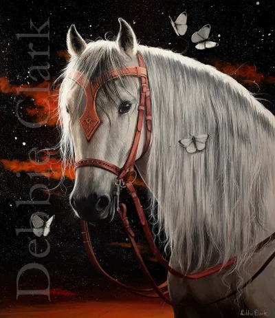 The Saint's Horse: A white horse portrait with white butterflies.