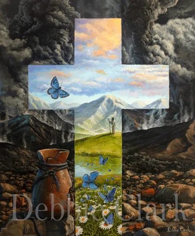 The Earthen Vessel: A desolate landscape and a broken earthen vase and a cross. Through the cross there are some butterflies and flowers, a pretty landscape and Jesus Christ as our Good Shepherd.