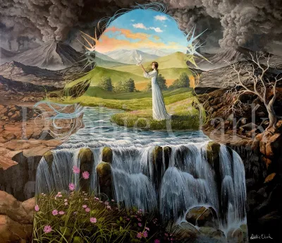 The Prince of Peace: A silhouette of Jesus Christ. Outside the silhouette, there is desolation and desert. Inside is a lush waterfall, green grass and a female figure enjoying the garden with a dove.