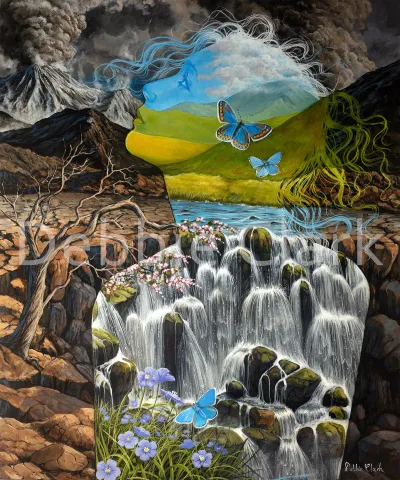 Living Water: A dry parched landscape with a silhouette of a female figure. Through the silhouette is a waterfall, lush green landscape and butterflies.