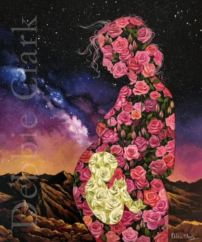 Precious Life: A silhouette of a pregnant woman filled with roses against a night sky.