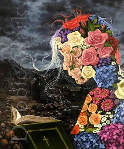 The Life Giving Word: A ruinous landscape with a silhouette of a female figure. She is filled with flowers and holding a Bible.