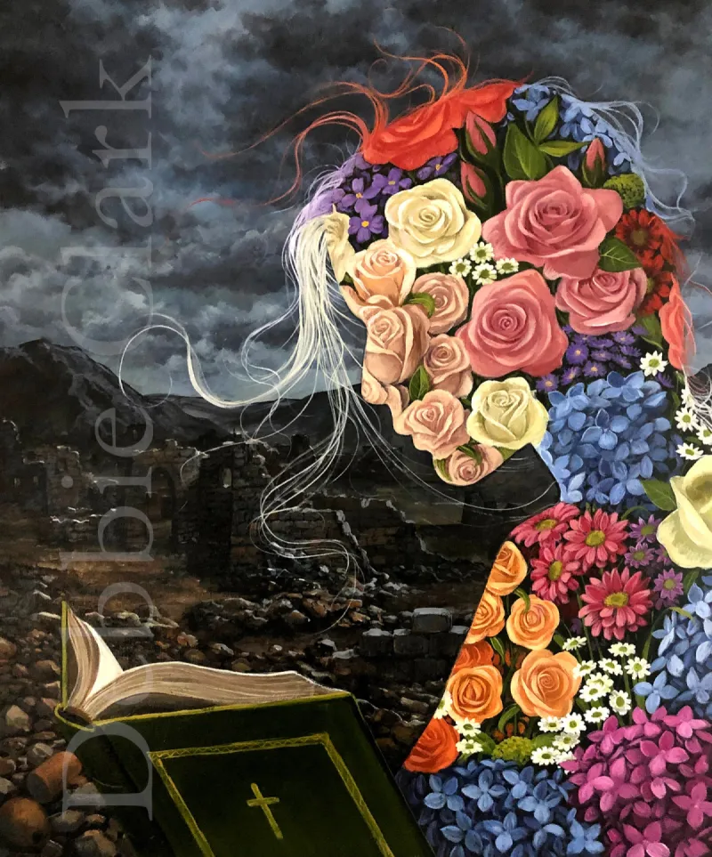 The Life Giving Word: A ruinous landscape with a silhouette of a female figure. She is filled with flowers and holding a Bible.