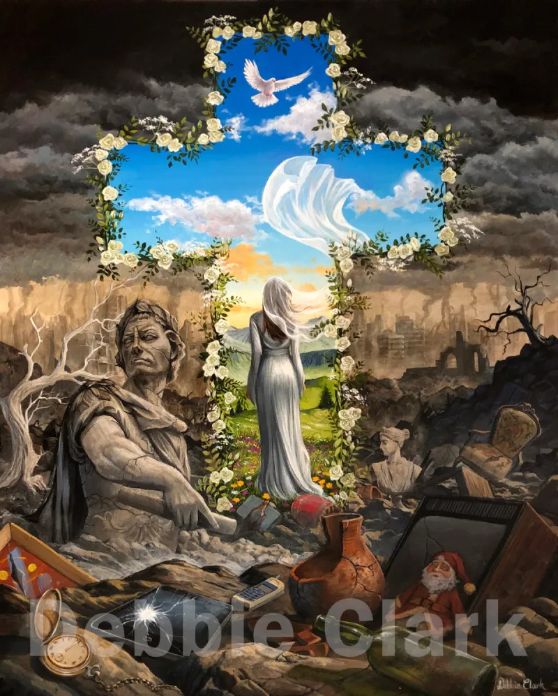 Leaving Babylon: An apolcalyptic scene depicting the total collapse and destruction of our Babylonian society. A cross shaped cut into the environment like a portal with a woman representing the "Bride of Christ" walking through to her….