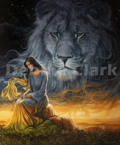 Near to The Brokenhearted: A sorrowful woman sitting on a rock with the Lion of Judah symbolising Jesus in the sky looking down on her with concern.