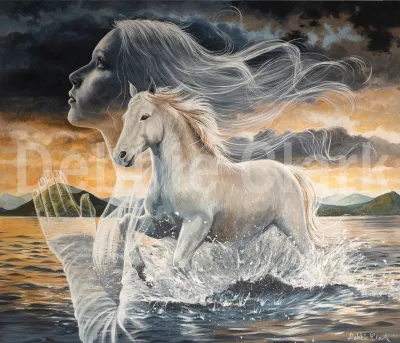 The Power of The Spirit: A white horse charging through water overlaid with a praying woman.