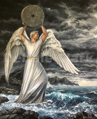 The Great Millstone: An angel standing in the holding up a great millstone.