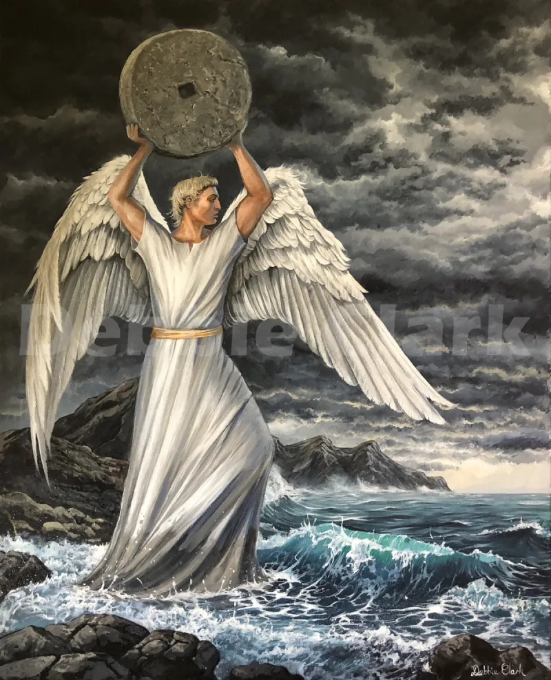 The Great Millstone: An angel standing in the holding up a great millstone.