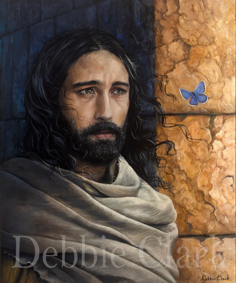 Portrait of Jesus Christ: A portrait of Jesus Christ and a little blue butterfly.
