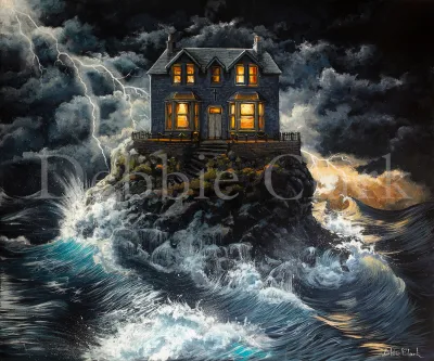 House In The Storm: A habitated house safely placed high on a rock surrounded by stormy seas and clouds.