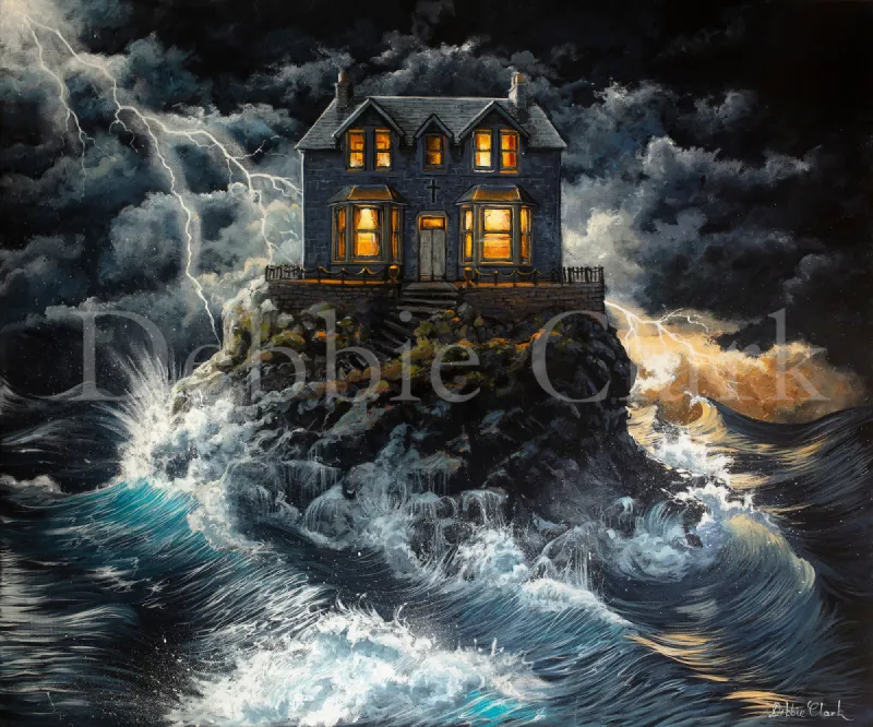 House In The Storm: A habitated house safely placed high on a rock surrounded by stormy seas and clouds.