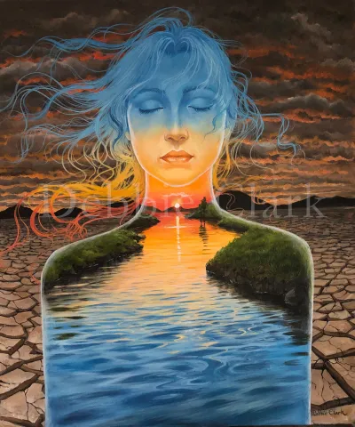 Perpetual Peace: A dry parched landscape with a silhouette of a female figure. Through the silhouette is a peaceful sunset over water.