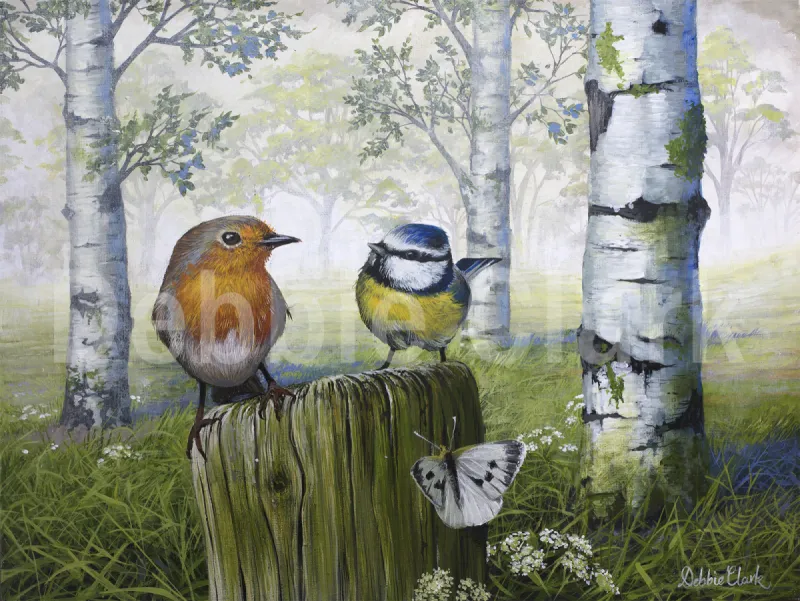 Butterfly in Their Midst: A robin and bluetit sittin on a stump with a white butterfly in a pretty landscape.