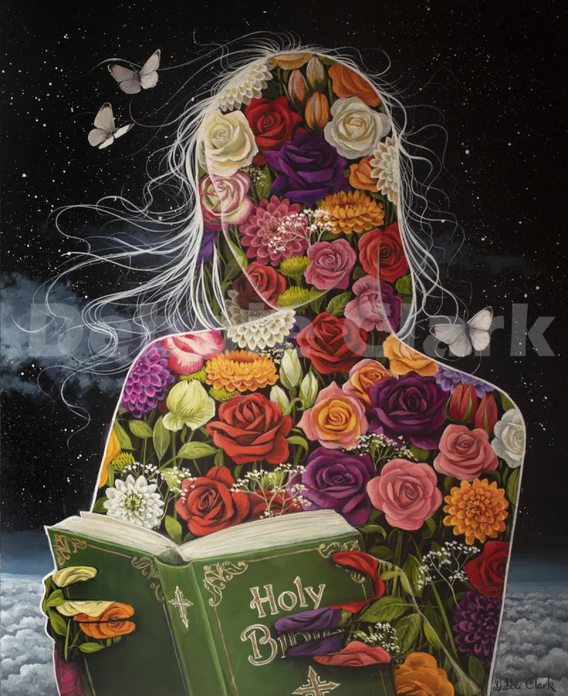 Growing in The Spirit: A silhouette of a woman filled with colourful flowers and reading the Holy Bible.