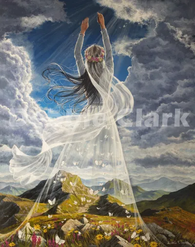 The Bride is Ready: A bride reaching to the sky. Within her dress there are many butterflies representing the body of Christ flying up.