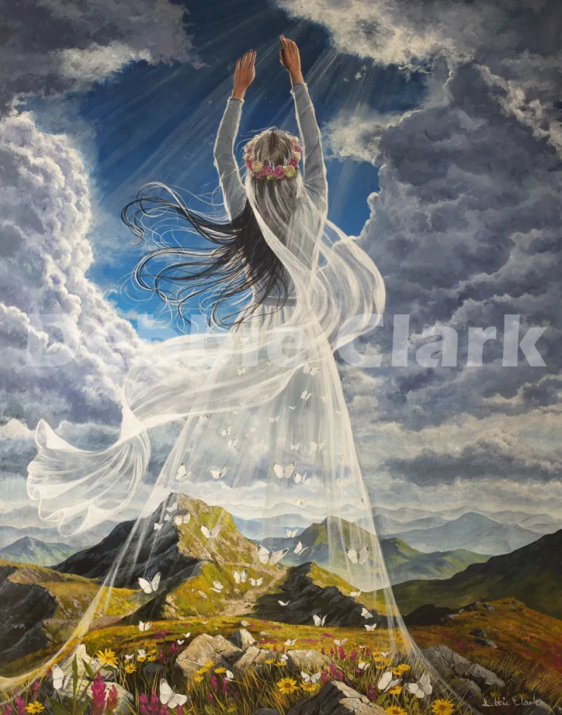 The Bride is Ready: A bride reaching to the sky. Within her dress there are many butterflies representing the body of Christ flying up.