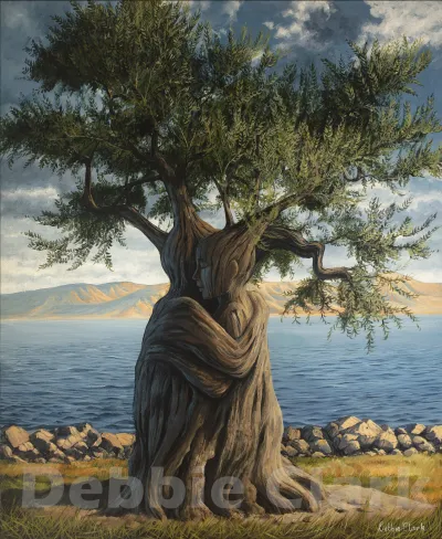 Grafted In: An olive tree made up of two people hugging as part of the trunk.