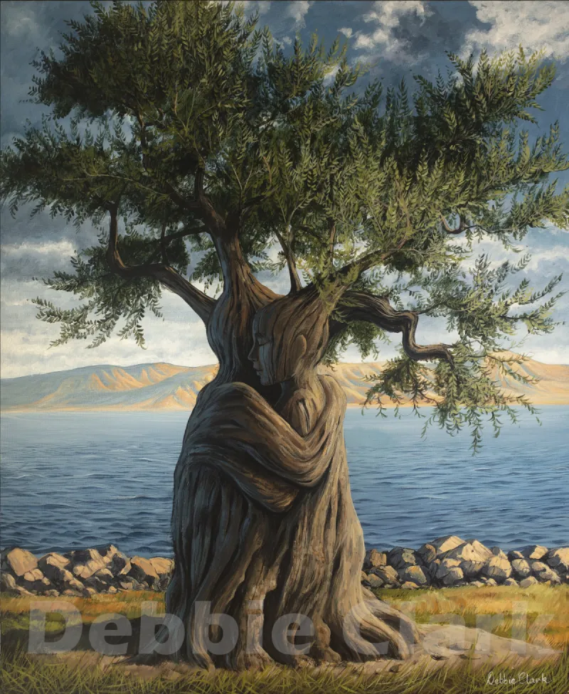 Grafted In: An olive tree made up of two people hugging as part of the trunk.