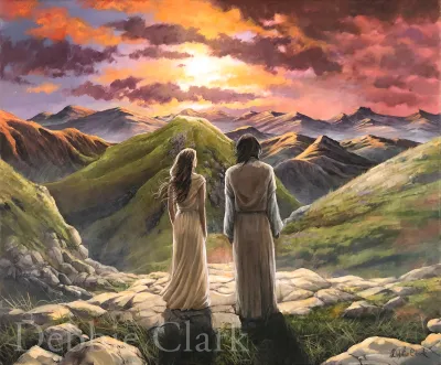 Home with The Lord: Jesus and one of His children looking out over a mountainous landscape.