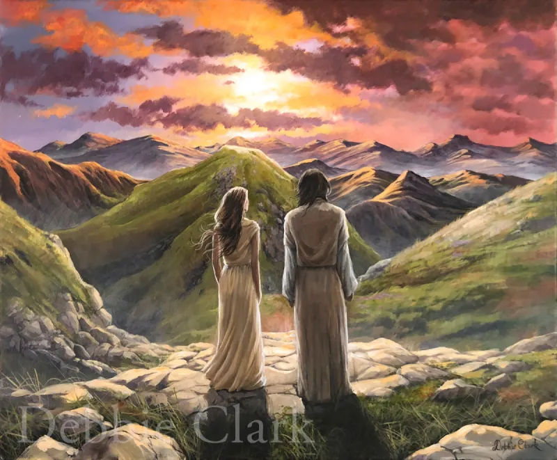 Home with The Lord: Jesus and one of His children looking out over a mountainous landscape.