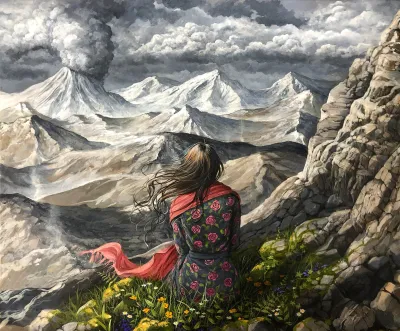 The Called Out One: There is greenery and flowers around her.