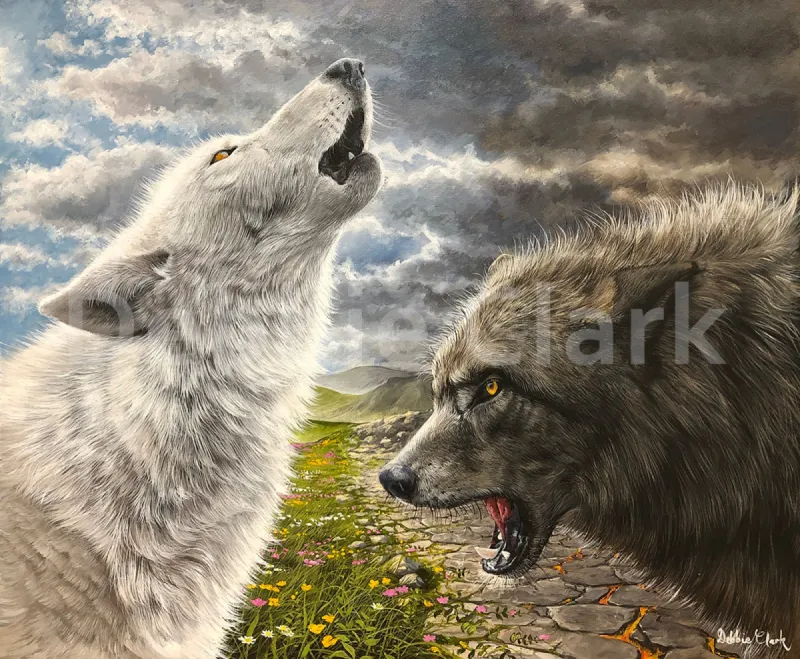 The Two Wolves: An original acrylic painting on canvas featuring a white wolf and a fierce black wolf facing each other.