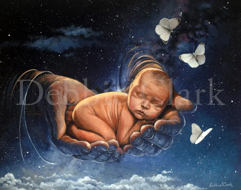 Predestinated: A little new born baby in the hands of God. Clouds, stars and three white butterflies.