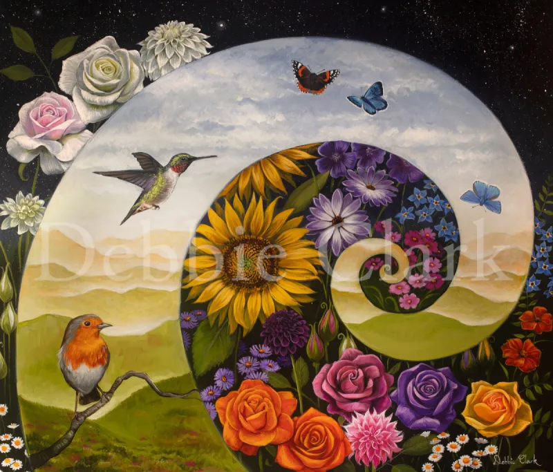 The Golden Ratio: A spiral design with flowers, birds and butterflies.